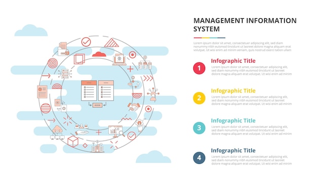 Concept de système d'information de gestion mis pour la bannière de modèle infographique avec des informations de liste en quatre points