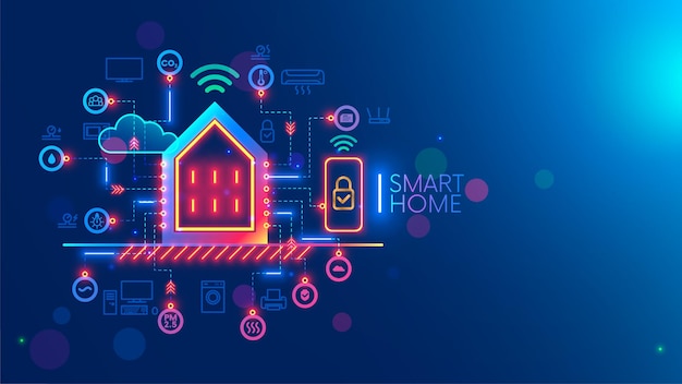 Concept de système de maison intelligente Contrôle téléphonique des travaux Sécurité des appareils intelligents dans la maison Appli Smartphone de surveillance du réglage de l'algorithme Travaux autonomes des appareils ménagers Internet des objets IOT