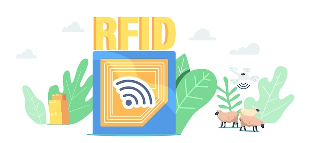 Concept De Système De Suivi. Rfid, Technologie D'étiquette D'identification Par Radiofréquence. Piste Et Lecteur électromagnétiques De Livraison Pour Le Fret Et Le Fret Logistiques, Les Drones Et Les Moutons. Illustration Vectorielle De Dessin Animé