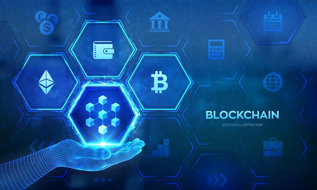 Concept de technologie Blockchain dans la main filaire Blocs d'information dans le cyberespace Serveur de chaîne de blocs Monnaie crypto Réseau décentralisé Crypto-monnaie Fintech Illustration vectorielle