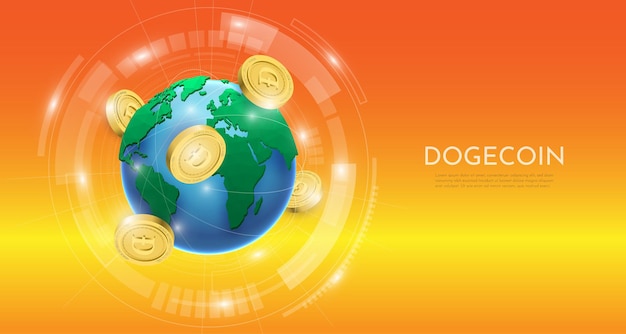 Vecteur concept de technologie blockchain avec le dogecoin 3d et l'arrière-plan mondial vecteur réaliste