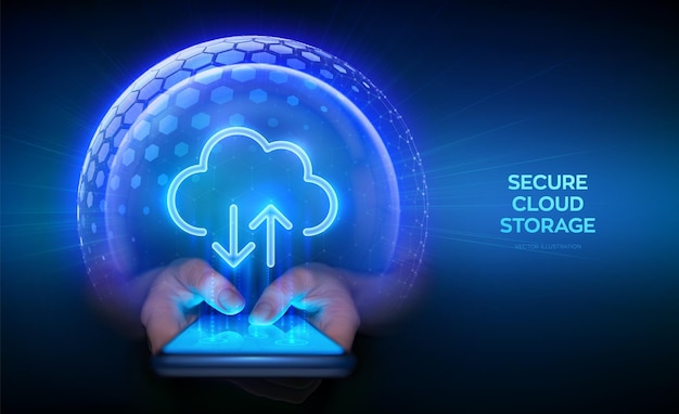 Concept de technologie d'informatique en nuage Stockage en nuage sécurisé Échange de données sécurisé via smartphone Icône de nuage à l'intérieur de la sphère de protection transparente Bouclier avec motif hexagonal Vecteur de protection des données