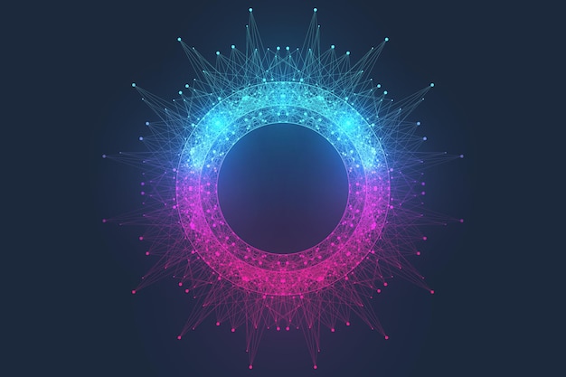 Concept de technologie informatique quantique. Fond d'explosion de sphère. Apprentissage profond de l'intelligence artificielle. Visualisation d'algorithmes de Big Data. Les vagues coulent. Explosion quantique, illustration vectorielle.