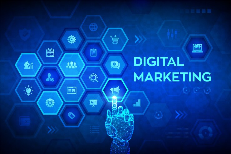 Vecteur concept de technologie de marketing numérique sur écran virtuel. main robotique touchant l'interface numérique.