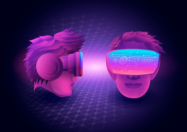 Vecteur concept technologique metaversetwo man head utilise des lunettes de réalité virtuelle vr pour des expériences de métaverse