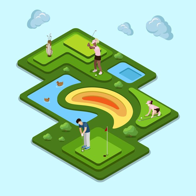 Concept De Terrain De Golf. Isométrie Isométrique Site Web App Icon Set Concept Illustration. Collection De Personnes Créatives.