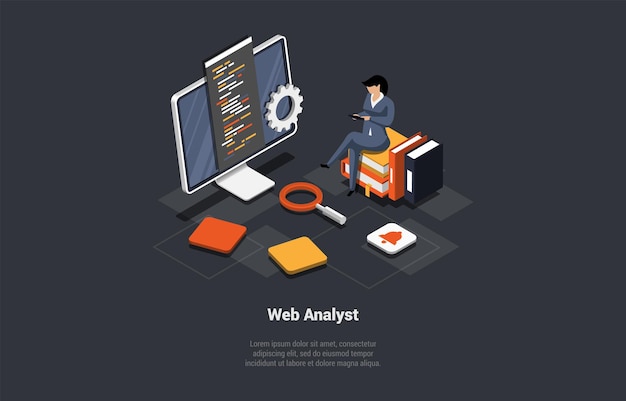Concept de test d'analyse de données débogage SEO Web Analyste femme spécialiste du marketing analysant les données et les diagrammes sur les affaires analytiques par ordinateur et les données de reporting illustration vectorielle de dessin animé 3d isométrique