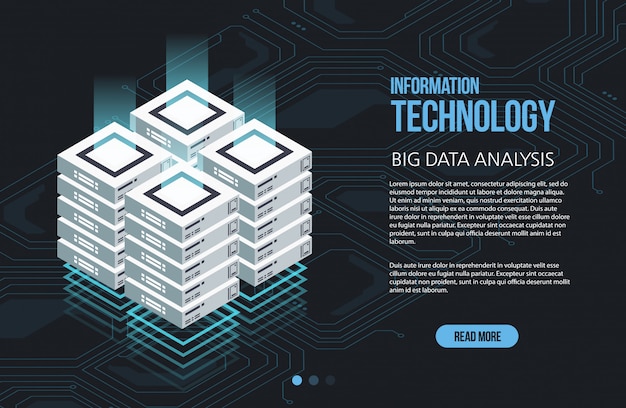 Concept De Traitement De Données Volumineuses, Centre De Données Isométrique, Traitement Et Stockage D'informations Vectorielles. Illustration Créative Avec Des éléments Géométriques Abstraits.