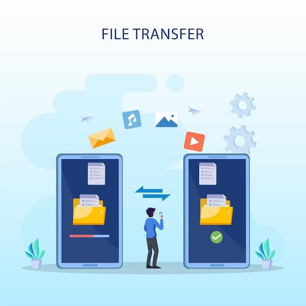 Vecteur concept de transfert de fichiers technologie de sauvegarde des données cloud télécharger et télécharger le modèle vectoriel plat