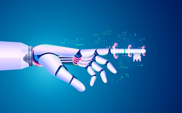 Concept de transformation numérique ou d'apprentissage en profondeur, graphique de la main du robot avec la clé de l'index