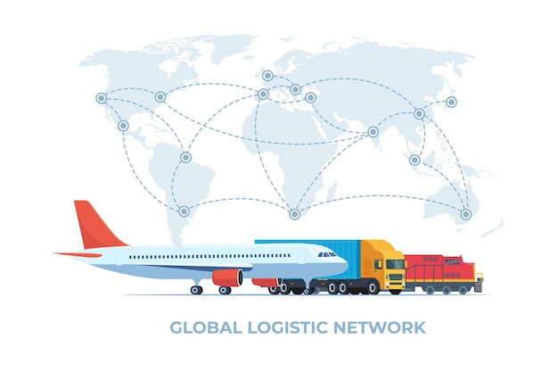 Concept de transport logistique de fret Réseau logistique mondial Transport de camion de train d'avion de fret