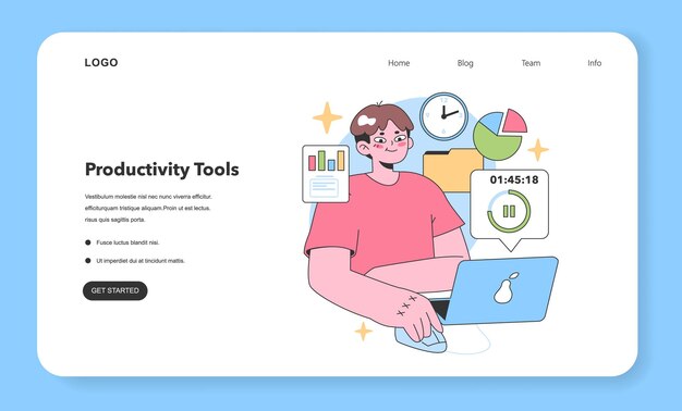Concept de travail efficace jeune professionnel utilisant un ordinateur portable entouré de graphiques et d'une horloge
