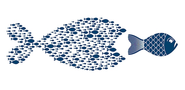 Concept de travail d'équipe beaucoup de petits poissons créent une équipe en forme de gros poisson et essaient de manger une illustration vectorielle de poisson plus gros, une affiche de motivation ou une bannière.