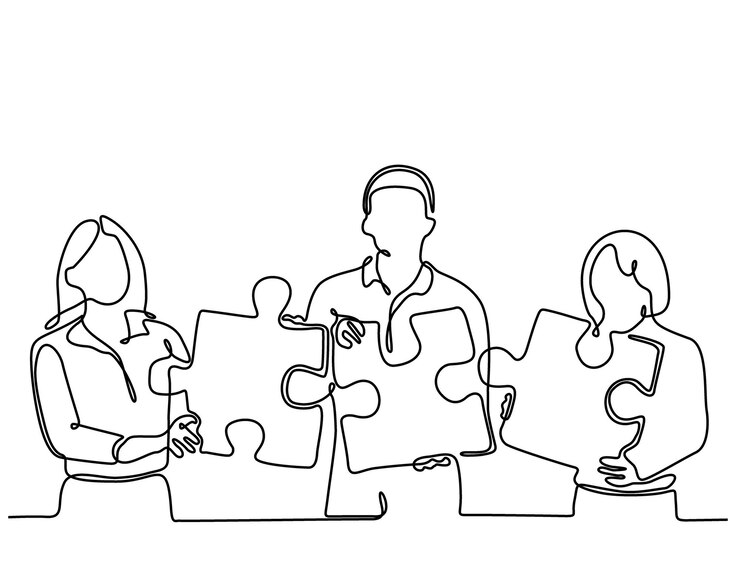 Vecteur concept de travail d'équipe de collaboration en ligne continue avec 3 personnes avec des pièces de puzzle essayant