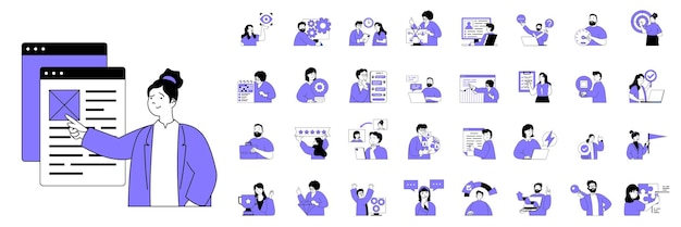 Concept de travail d'équipe avec des personnes situations méga établies dans la conception web plate Ensemble de scènes de collaboration brainstorming gestion de bureau Illustrations vectorielles pour le matériel de marketing de bannières de médias sociaux