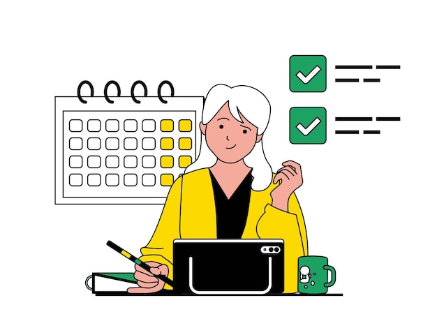 Concept De Travail De Productivité Avec Situation De Caractère La Femme Planifie Les Tâches Sur Le Calendrier Et Termine Avec Succès Les Tâches Avant La Date Limite Illustration Vectorielle Avec Scène De Personnes Au Design Plat Pour Le Web