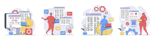 Concept de travail de programmeur défini dans le design plat pour le web Collection avec des personnes programmant dans différents langages informatiques créant du code à l'écran développant de nouveaux produits informatiques Illustrations vectorielles