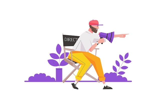 Concept De Travailleur Créatif Au Design Plat L'homme Travaille Comme Réalisateur Avec Un Mégaphone Assis Sur Une Chaise Et Gère Le Processus De Réalisation D'un Film Illustration Vectorielle Avec Scène De Personnes Isolées Pour Bannière Web