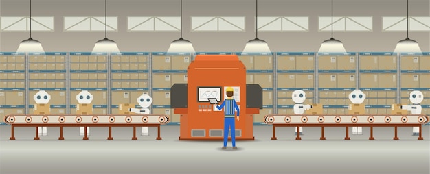 Concept d'usine d'automatisation avec robot travaillant illustration vectorielle design plat