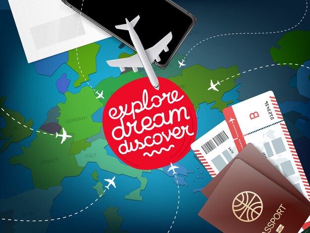 Concept de vacances avec carte du monde, Explore, rêve, découvre