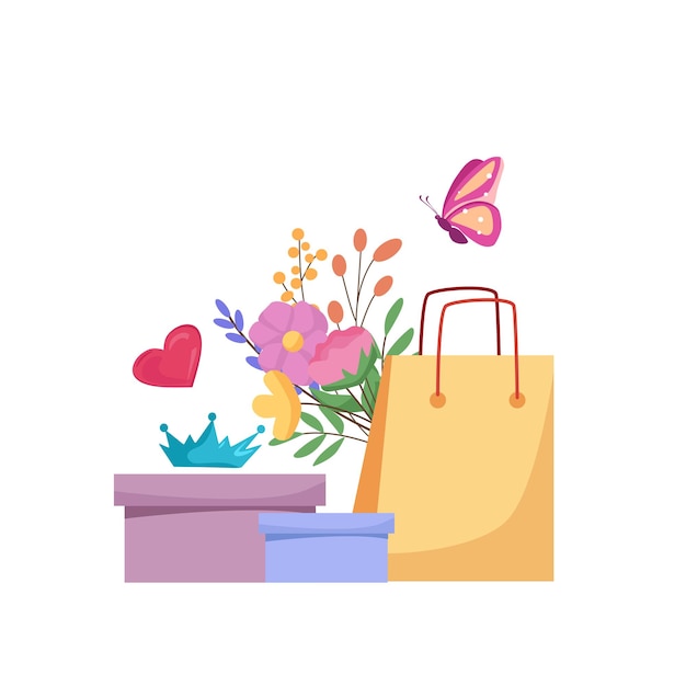 Vecteur le concept de vacances pour femmes de printemps illustration de dessin animé de vecteur avec des fleurs de cadeaux et un papillon