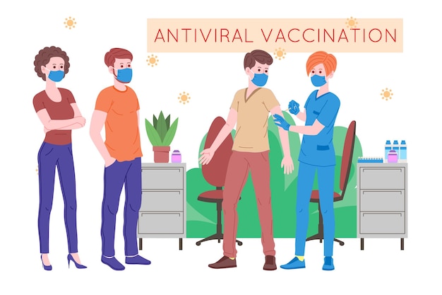 Vecteur concept de vaccination pour la santé immunitaire. vaccin anti-covid-19. les médecins font une injection de vaccin contre la grippe au patient hospitalisé et l'invitent ensuite. santé, coronavirus, prévention et immunisation