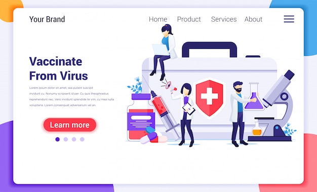Concept De Vaccination, Temps De Vaccination, Médecins Avec Seringue, Flacon De Vaccin. Modèle De Page De Destination De Site Web