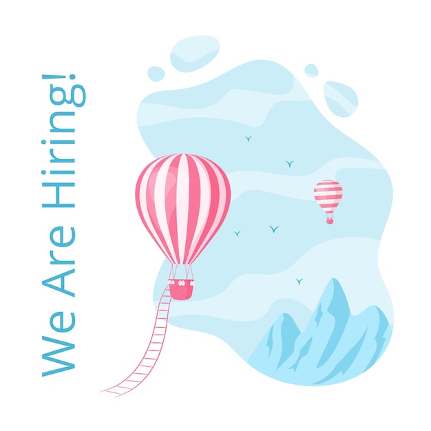 Concept De Vecteur De Page Web D'illustration D'embauche De Ballon à Air Chaud De Médias Sociaux Avec Annonce De Vacance Rouge