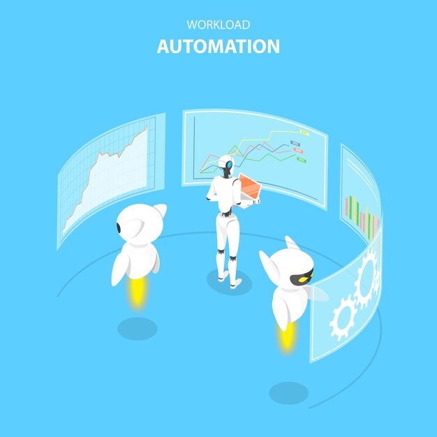Concept de vecteur plat isométrique d'automatisation de la charge de travail, planification des tâches, IA, données volumineuses, analyse financière.