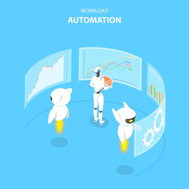 Concept De Vecteur Plat Isométrique D'automatisation De La Charge De Travail, Planification Des Tâches, Ia, Données Volumineuses, Analyse Financière.