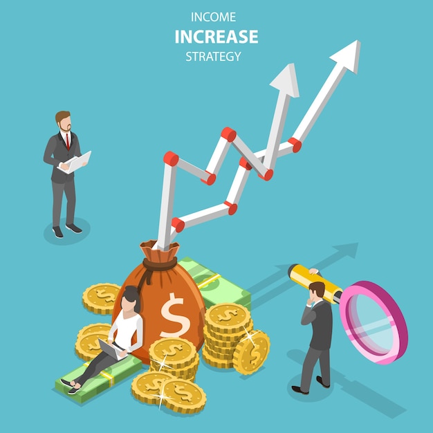 Concept de vecteur plat isométrique de stratégie d'augmentation des revenus, croissance financière, efficacité croissante.