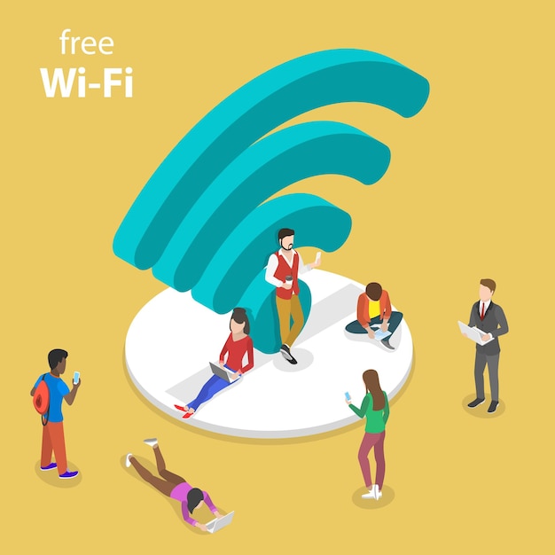 Concept de vecteur plat isométrique de wifi gratuit, hotspot wi-fi, accès public.