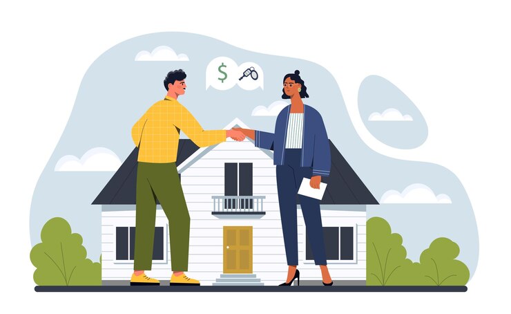 Vecteur le concept de vecteur de transaction entre l'agent immobilier et le client