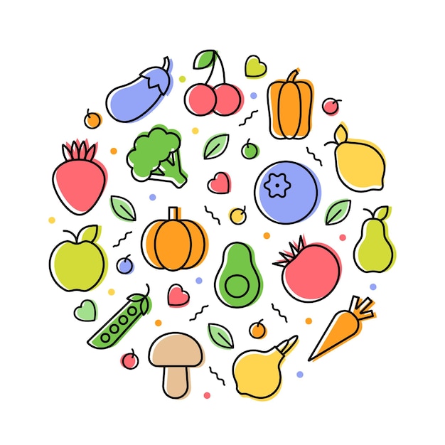 Vecteur concept végétarien de fruits et légumes. un ensemble d'icônes d'aliments sains linéaires. illustration vectorielle.