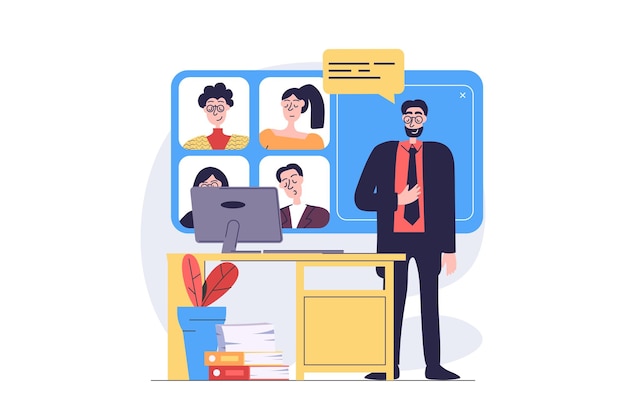 Concept de vidéoconférence dans un design plat moderne pour le web Homme informant les collègues et se connectant par appel zoom brainstorming et collaboration en ligne travaillant en équipe à distance Illustration vectorielle