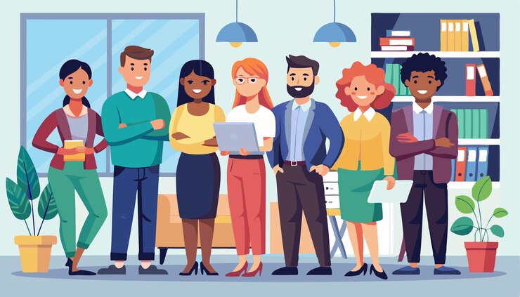 Vecteur concept de vie au bureau groupe multiracial diversifié de jeunes collègues unis vecteur