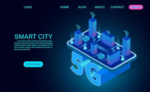 Concept de ville intelligente, bâtiments avec Internet sans fil symbole 5G. technologie et télécommunications. illustration de concept isométrique