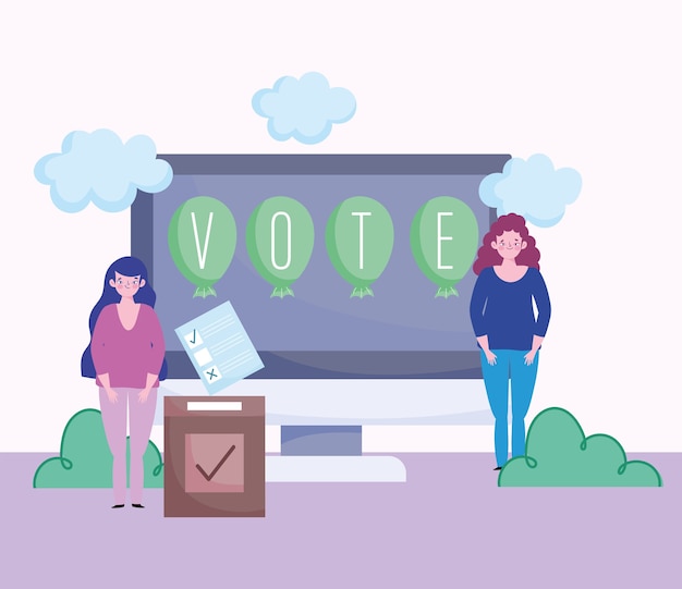 Concept de vote et d'élection, boîte d'écran de vote en ligne des femmes et bulletin de vote