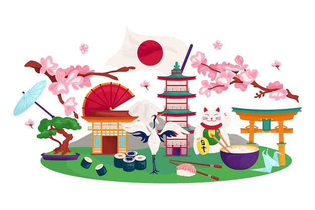 Concept de voyage au Japon symboles japonais traditionnels illustration vectorielle Lieux et points de repère itinérants Architecture asiatique Sakura