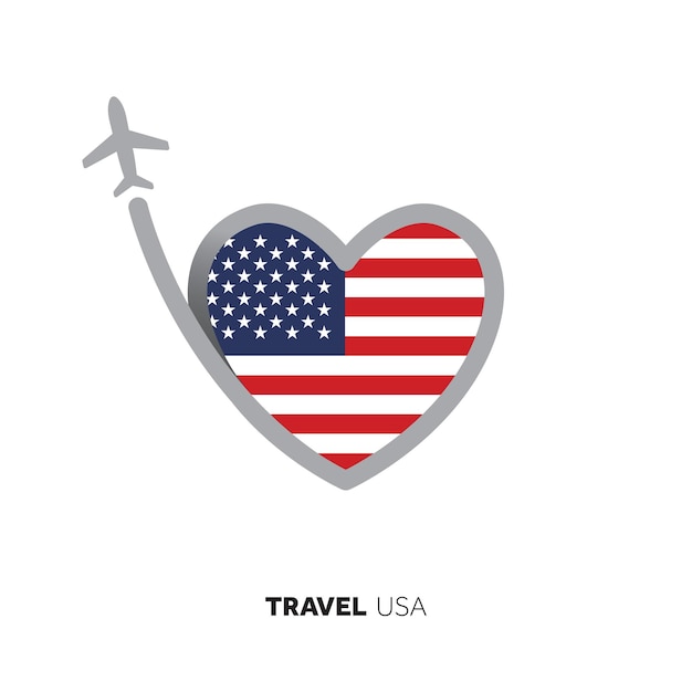 Vecteur concept de voyage aux états-unis drapeau en forme de coeur avec avion