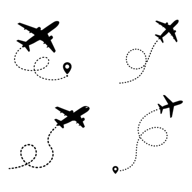 Concept de voyage Avion à trajectoire pointillée Traçage d'avions Icones vectorielles de trajectoire de ligne de vol d'avion