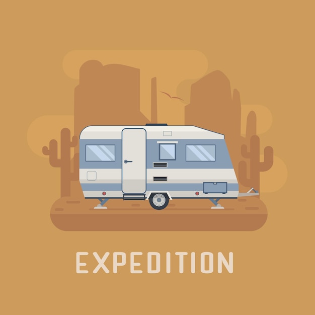 Concept de voyage en camping-car. Paysage de lieu de camping de camion de voyageur. Remorquage amortisseur sur la zone désertique du parc national. Scène de camping avec caravane familiale près des buttes et des cactus.