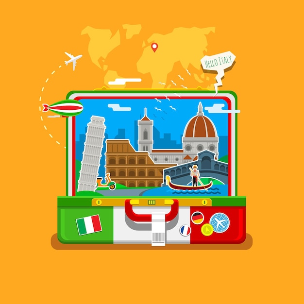 Vecteur concept de voyage en italie ou d'étude du drapeau italien italien avec des points de repère