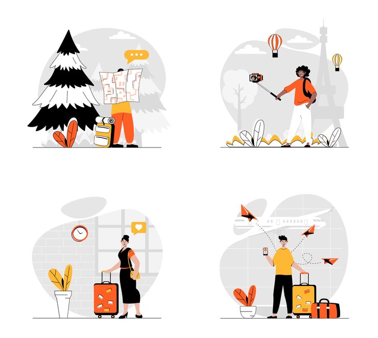 Concept de voyage avec jeu de caractères Collection de scènes personnes avec vol de bagages et partir en vacances randonnée en forêt et voyage touristique faisant selfie Illustrations vectorielles dans la conception de sites Web plats