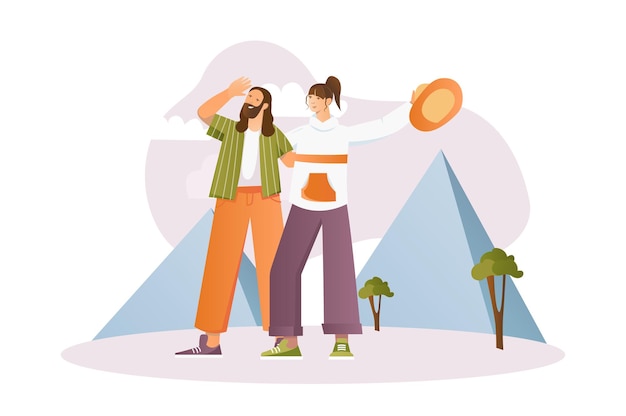 Concept de voyage avec scène de personnes dans le style de dessin animé plat Les amis voyagent en Egypte