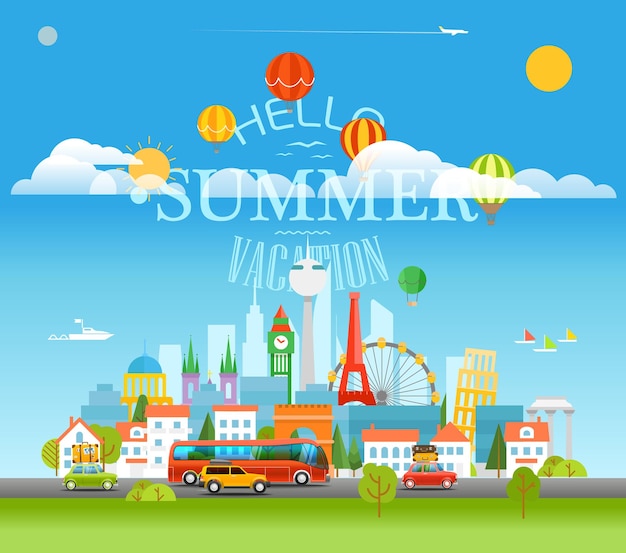 Concept de voyage de vacances avec logo Bonjour vacances d'été