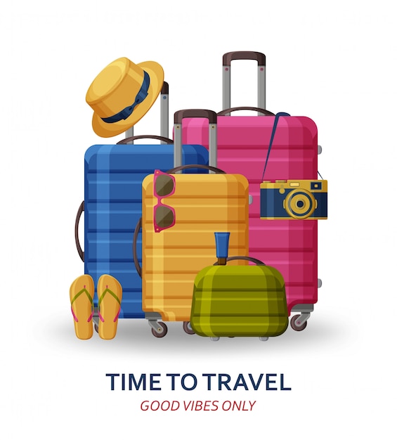 Concept de voyage avec valises, lunettes de soleil, chapeau, appareil photo et tongs sur fond blanc. Bonnes vibrations seulement. illustration.
