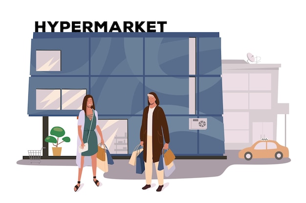 Concept Web De Construction De Magasin D'hypermarché. Les Clients Font Leurs Courses, Font Des Achats. Acheteurs Debout Avec Des Sacs à L'entrée Du Magasin