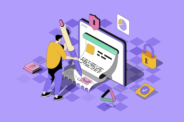 Vecteur concept web de contrat électronique en conception isométrique 3d homme signant un document juridique sous forme en ligne avec signature numérique sur smartphone ou ordinateur portable illustration vectorielle web avec scène d'isométrie de personnes