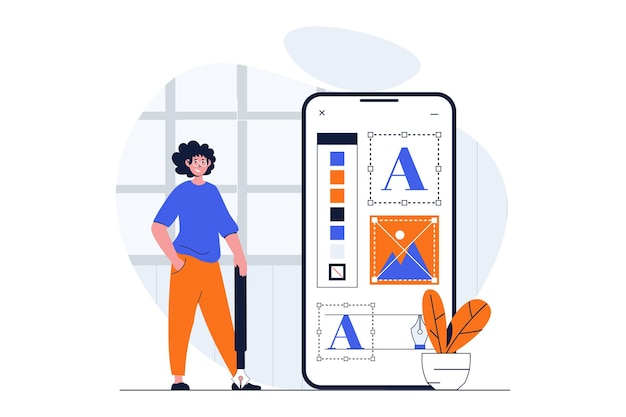 Vecteur concept web de développement d'applications avec scène de personnage homme plaçant l'élément et travaillant avec des outils pour l'application mobile situation des personnes au design plat illustration vectorielle pour le matériel de marketing des médias sociaux